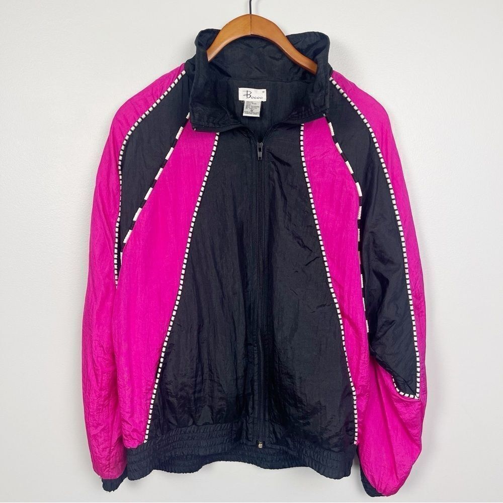 Vintage 80s/90s Windbreaker Jacket | Black & Hot Pink | Retro Track Zip-Up Bocoo